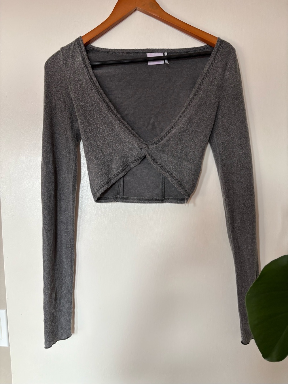 Urban Outfitters Charcoal Twist-Front Long Sleeve Crop Top